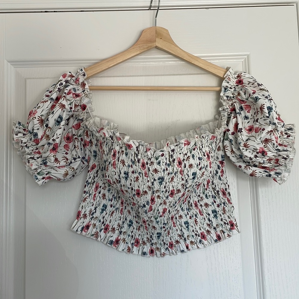 Puffy Sleeved Floral Off the Shoulder Top